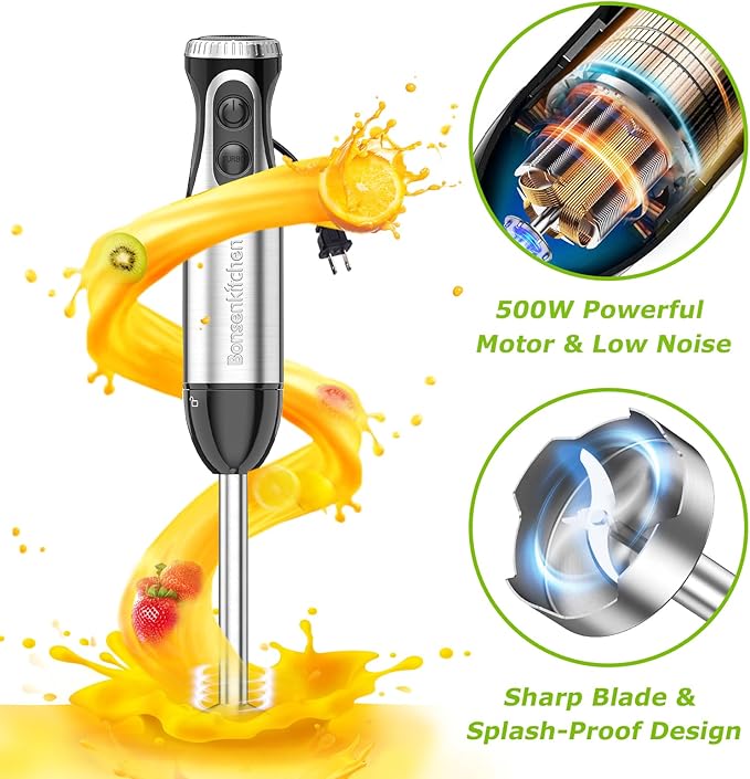 Bonsenkitchen Immersion Blender Handheld with Food Processor 20 Speeds Hand Blender with Turbo Mode Stainless Steel Blade Egg Whisk Beaker &amp Chopper Bowl Hand Mixer for Smoothie Soup Baby F