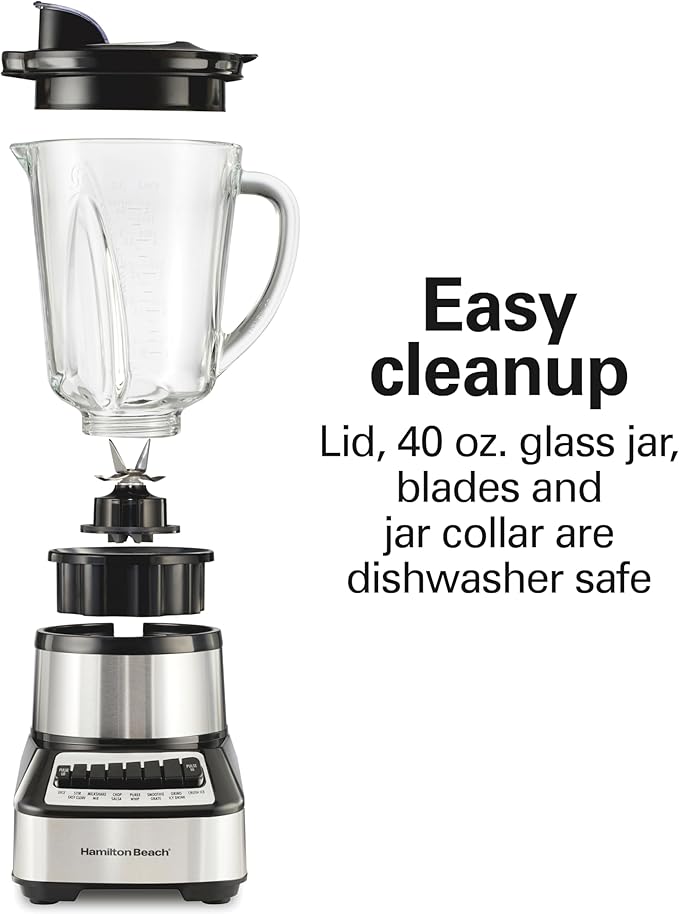 Hamilton Beach Wave Crusher Blender For Smoothies With 40 Oz Glass Jar and 14 Functions Ice Sabre Blades &amp 700 Watts for Consistently Smooth Results Black + Stainless Steel (54221)