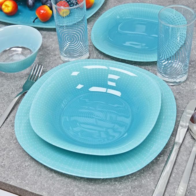 Carina Pop Art Turquoise Glass Dinnerware Set of 44 for 6 pers. Dessert Plate Dinner Plate Deep Plate Salad Bowls Decanter with Glass Mug and Saucer
