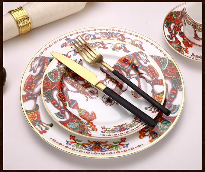 European Style Dinnerware Set Service for 6 Bone China Dinnerware Sets Unbreakable Porcelain Dinner Sets Coffee Cup and Saucer Tableware Set Steak Dinner Plates Dish Set Triumph Horse-3