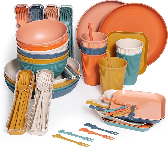72 Pieces Premium Wheat Straw Dinnerware Sets for 4 Camping Crockery Set Unbreakable Tableware Set Unbreakable Picnic Tableware Sets for 4 People