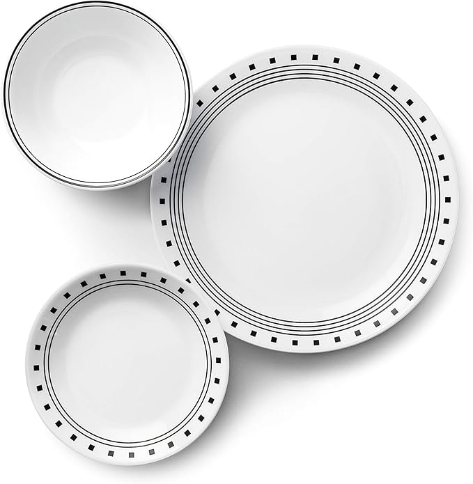 Corelle Vitrelle 18-Piece Service for 6 Dinnerware Set Triple Layer Glass and Chip Resistant Lightweight Round Plates and Bowls Set City Block