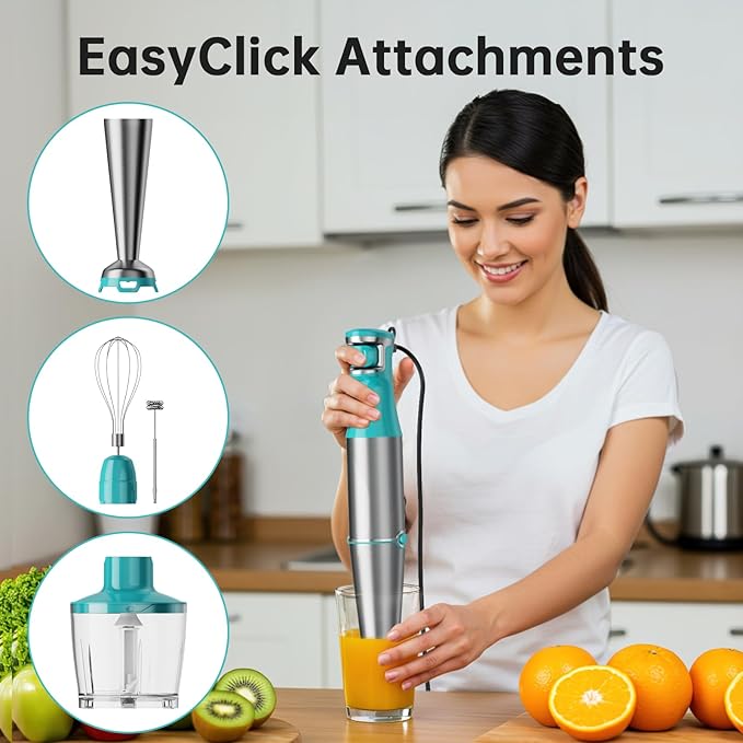 Immersion Blender Handheld Corded Hand Blenders Set 1100W Trigger Variable Speed 5 in 1 Stick Emulsifier with Chopper Whisk and Frother for Soup Baby Food and Smoothies Cyan Blue