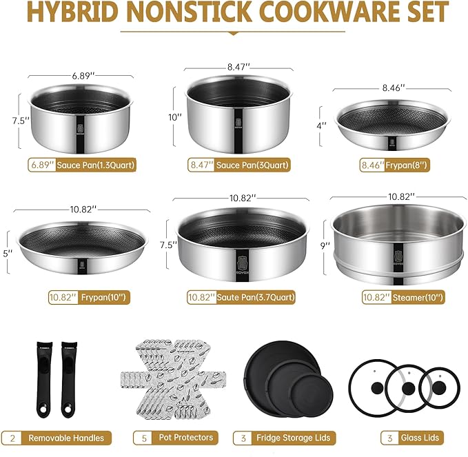 ROYDX New Model Hybrid Nonstick Cookware Set 19-Piece Stainless Steel Pots and Pans Set with Removable Handles Save SpaceDishwasher and Oven Safe Induction Ready Compatible with All Cooktops