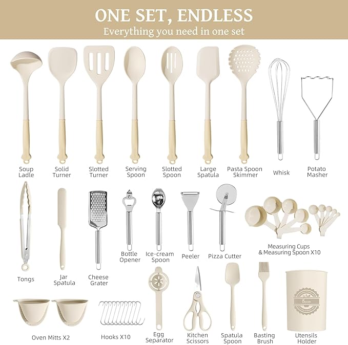 Kikcoin 43Pcs Large Kitchen Utensils Set - Silicone Cooking Utensils Set Dishwasher Safe Spatula Set for Non-stick Cookware 446°F Heat Resistant Kitchen Utensils Set with Holder BPA Free Cream