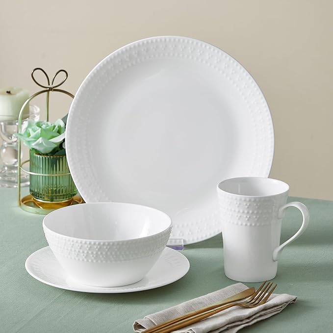 16Piece Bone China Dinnerware Set with Elegant Dotted Relief Design Embossed Plates Bowls mugs Chip-Resistant Lightweight Elegant and Durable Service for 4 White