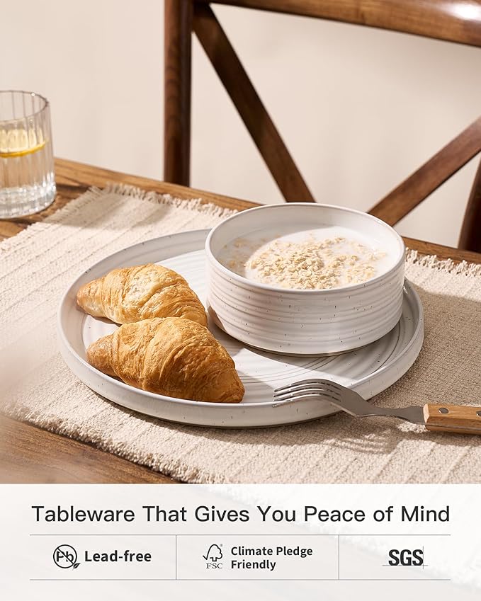 Plates and Bowls Sets for 6 (18-Piece) Stoneware Reactive Glaze Dinnerware with Speckles &amp Spirals Chip and Scratch Resistant Straight Dishes Set with Gift Box Microwave Dishwasher Safe White