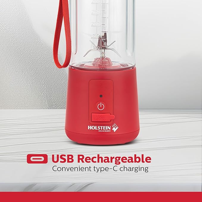 Holstein Housewares - USB Portable Blender 16oz Personal Smoothie &amp Shake Maker with Rechargeable Battery Type-C Fast Charging Spill-Free Lid &amp Indicator Light - Red