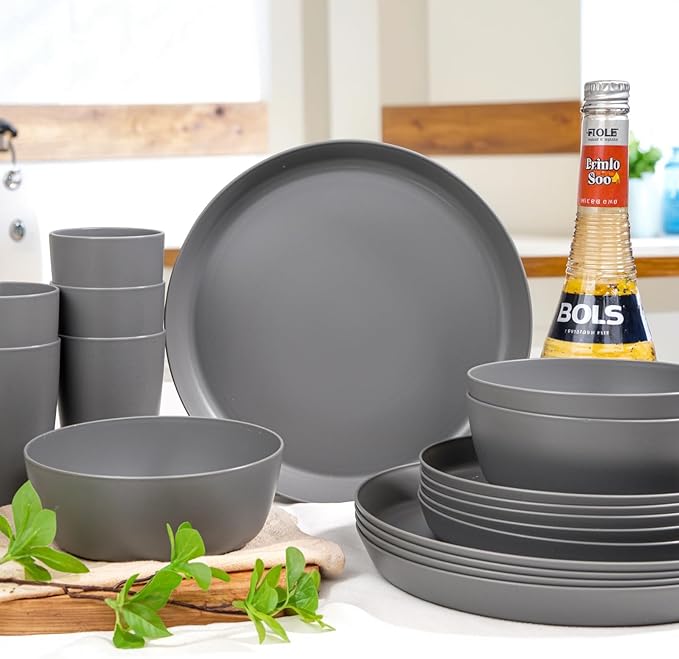 EI 24pcs Wheat Straw Dinnerware SetDark Grey Plates and Bowls SetsUnbreakable Dinner PlatesReuasble Plastic PlateMicrowave Dishwasher Safe for CampingPicnincFamily Dinner