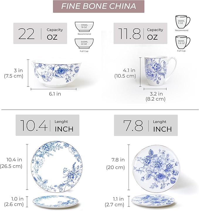 Blue Rose Plates and Bowls Sets Dishes Set for 4 Ceramic Plates and Bowls Set Service for 4 Bone China Dinnerware Set Salad Dessert Plates and Cereal Bowls Set Microwave safe by KOKEN