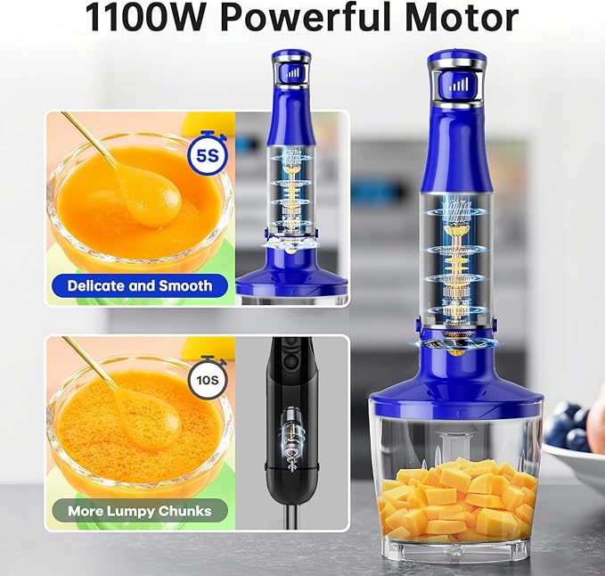 Immersion Blender Handheld Corded Hand Blenders Set 1100W Trigger Variable Speed 5 in 1 Stick Emulsifier with Chopper Whisk and Frother for Soup Baby Food and Smoothies Royal Blue