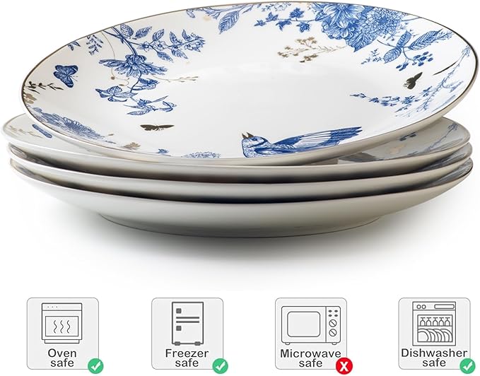 Porcelain Floral Plates 10 Inch Ceramic Salad Plates Kitchen Plates Set of 4 Blue and White Dinner Plates Pasta Plate for Appetizer DessertPartyHousewarmingGift