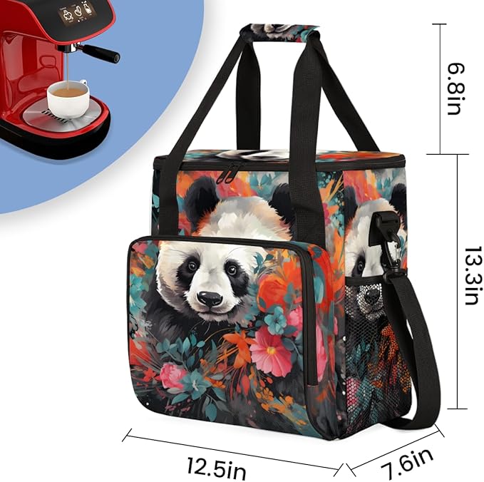 Cute Panda Coffee Maker Carrying Bag Oil Painting Floral Travel Storage Bag Compatible with K-Mini or K-Mini Plus Single Serve Coffee Brewer Carrying Case with Multiple Pockets &amp Shoulder Strap