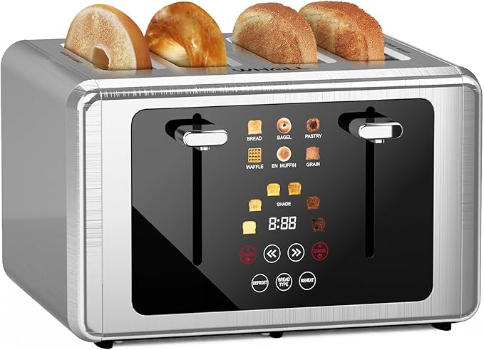 whall 4 Slice Touch Screen Toaster Stainless Steel Toasters Digital Timer Dual Control Panel Toasters6 Shade Settings＆6 Bread Types Smart Wide Slots Bagel Cancel Defrost