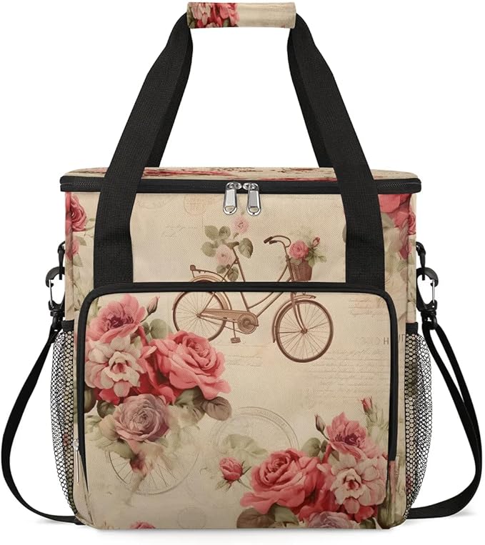 Vintage Flower Bike Coffee Maker Carrying Bag Compatible with K-Mini or K-Mini Plus Portable Single Cup Coffee Maker Case with Pockets for K Cup Pods