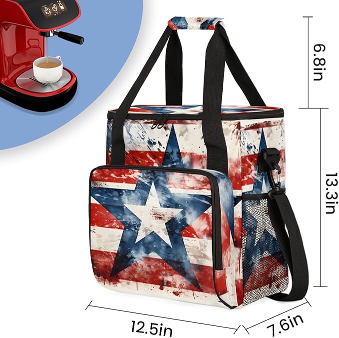 Starry Stripes 4th of July Coffee Maker Carrying Bag Travel Storage Bag Compatible with K-Mini or K-Mini Plus Single Serve Coffee Brewer Carrying Case with Multiple Pockets &amp Shoulder Strap