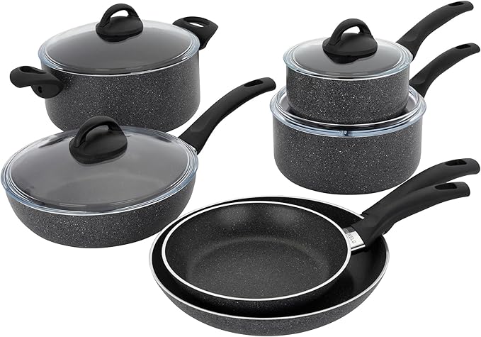 Henckels Everlift Granite 10-Piece Nonstick cookware set Made in Italy durable 3-layer granite-hued nonstick coating from recycled materials Oven safe to 400°F Dishwasher safe