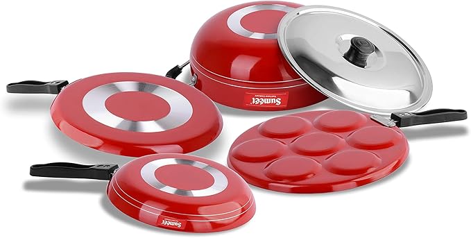 Sumeet 2.6mm Thick Non-Stick Rossu Cookware set (Dosa Tawa – 26.5cm Dia + Multi snack maker – 26.5cm Dia + Kadhai With Lid – 1.5Ltr capacity- 20cm Dia + Tapper pan – 20cm Dia)