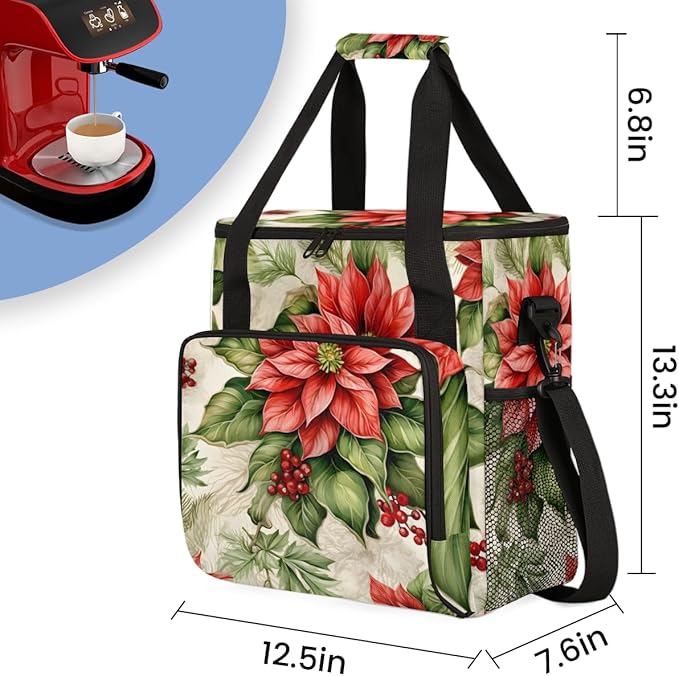 Christmas Flowers Coffee Maker Carrying Bag Abstract Flowers Travel Storage Bag Compatible with K-Mini or K-Mini Plus Single Serve Coffee Brewer Carrying Case with Multiple Pockets &amp Shoulder St