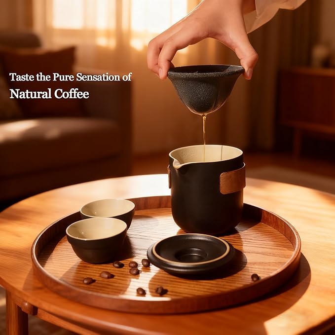 Pour Over Coffee Maker - All-Ceramic Drip Set Single Serve Coffee Maker with Pour Over Dripper Reusable Ceramic Filter &amp Carafe Portable Travel Drip Kit Valentines Day Gifts for Him