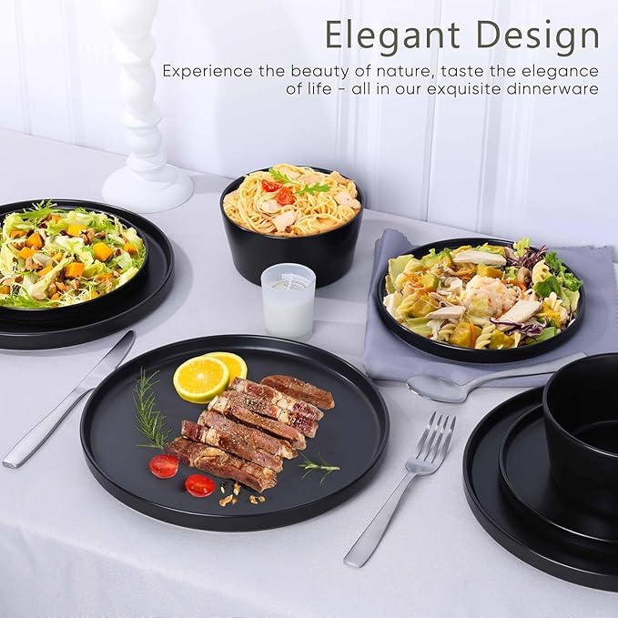 18‑Piece Stoneware Dinnerware Set in Matte White Modern Plates and Bowls for Everyday Meals and Special Occasions Dishwasher &amp Microwave Safe (Black)
