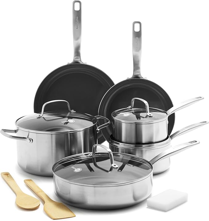 GreenPan Chatham Tri-Ply Stainless Steel 12 Piece Cookware Set PFAS-Free Pots and Pans Multiclad Induction Ready Fry Saute Sauce Pans Stockpot Dishwasher Safe Oven &amp Broiler Safe Silver