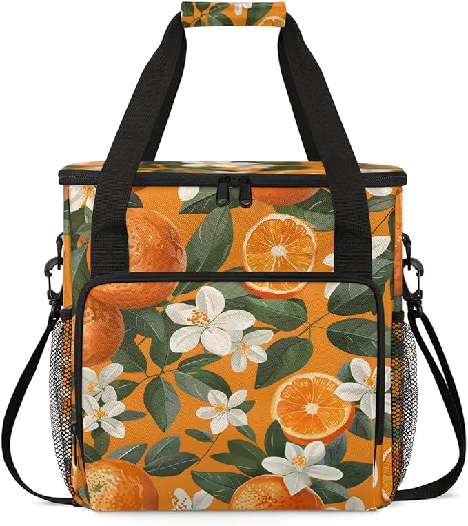 Flower Orange Print Coffee Maker Travel Bag for Keurig K-Mini/K-Mini Plus Insulated Waterproof Tote with Pockets for K-Cup Portable Single-Serve Brewer Case
