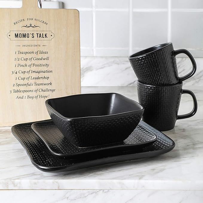 Stone Lain 16 Piece Stoneware Dinnerware set Square Weave Black