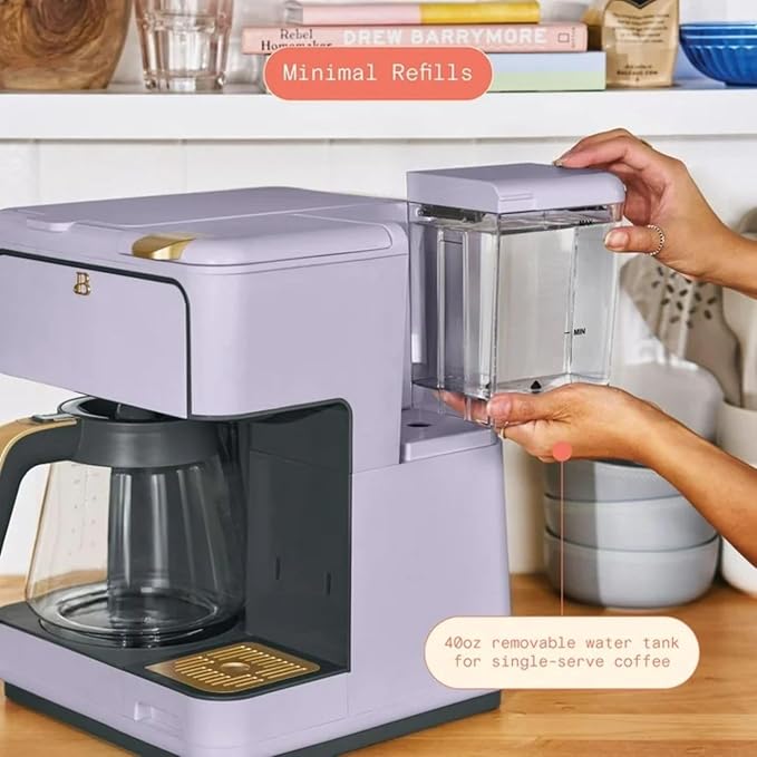 Multi-Brew Coffee Maker 12-Cup Carafe + Single-Serve Pods or Grounds Over Ice Touch Display by Drew Barrymoree. (Lavender)