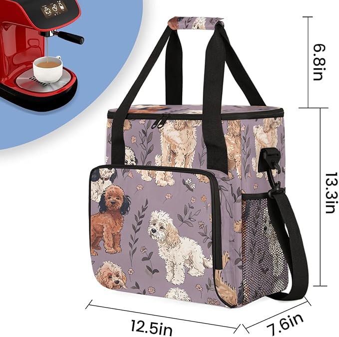 Adorable Dogs Coffee Maker Travel Bag for Keurig K-Mini/K-Mini Plus Insulated Waterproof Tote with Pockets for K-Cup Portable Single-Serve Brewer Case