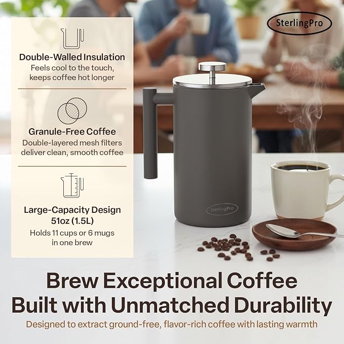 Stainless Steel French Press Coffee Maker 1.5 L (51 oz) Grey – Double Walled Insulated Large Coffee Press Durable Design Keeps Drinks Hot Easy to Use and Clean for Rich Flavor Brewing