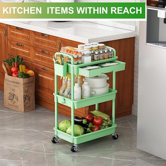 Goovilla 3 Tier Rolling Utility Cart Organizer with Removable Drawer Stable and Sturdy Green Rolling Storage Carts with 2 Lockable Wheels for Bathroom Kitchen Snack Craft Makeup Baby Essentials