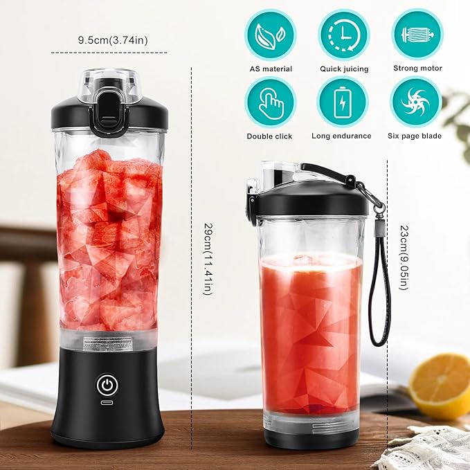 Portable Blender for Smoothies 20oz Small Personal Blender with Travel Lid USB Rechargeable Single Serve Fruit Mixer for Kitchen Black