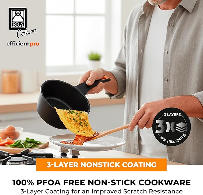 BRA COOKWARE Efficient Pro 6 Piece Cookware Set | Cast Aluminum Kitchenware Set | 1 Pots 2 Frying Pans 1 Saucepan 2 Lids | Non-Stick | All Stovetops Compatible | PFOA Free