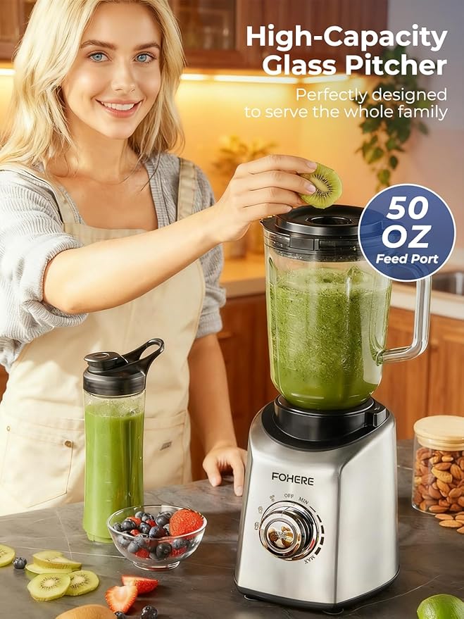 FOHERE Professional Blender Peak 1300W Countertop Blender with 3 Presets＆ 5 Speeds for Smoothies Shakes and Frozen Drinks 50 Oz Glass Jar ＆20 Oz Tritan Jug