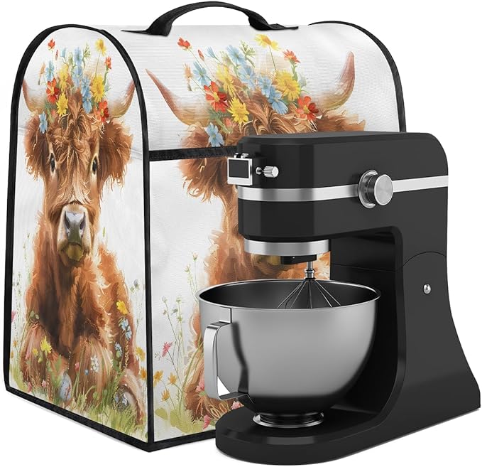 Kitchen Aid Mixer Cover Florals Highland Flower Cow Stand Mixer Cover Compatible with 6-8 Quarts Stand Mixers Dust Covers with Zipper Pocket Foldable Washable Kitchen Aid Organizer Bag