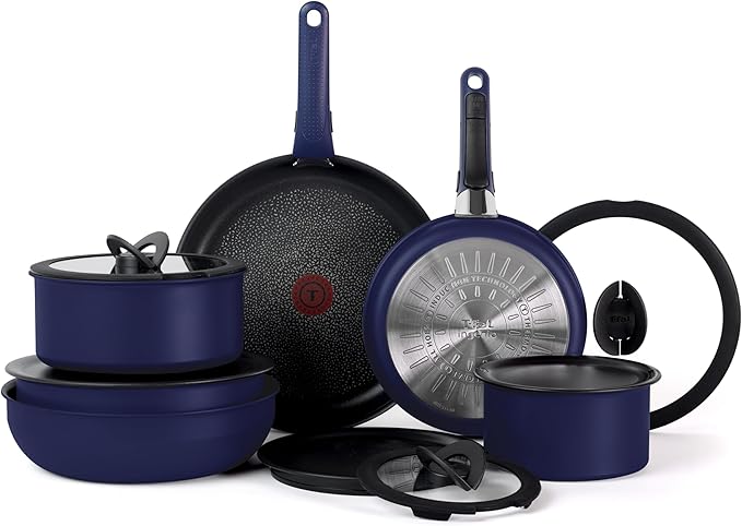 T-fal Ingenio Expertise Non Stick Cookware Set 14 Piece Induction Oven Broiler Safe 500F Detachable/Removable Handle Kitchen Pots and Pans RV Camping Fry Pans Saucepans Dishwasher Safe Blue