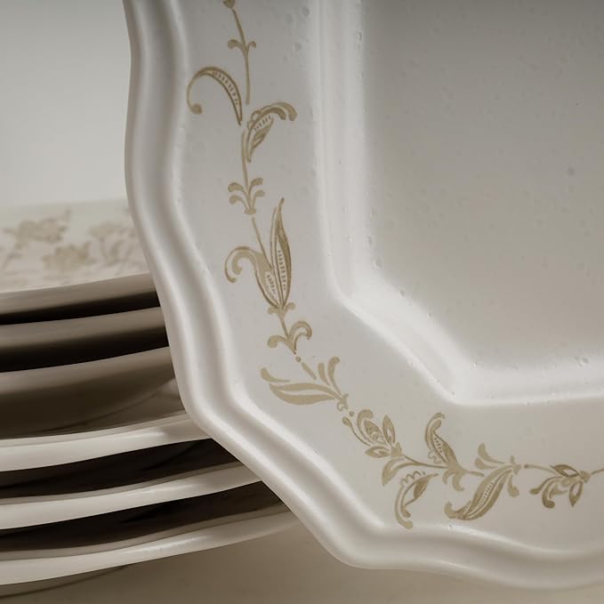 222 Fifth 12-Piece Porcelain Dinnerware Set for 4 Glossy Cream Plates and Bowls Set with Taupe Flowers Elegant Square Ceramic Dish Set Kitchen Tableware Microwave &amp Dishwasher Safe Batik Toil