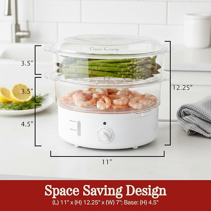 Vegetable Steamer Rice Cooker- 6.3 Quart Electric Steam Appliance with Timer for Healthy Fish Eggs Vegetables Rice Baby Food by Classic Cuisine 11D x 11W x 12.25H