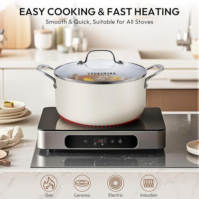 10-Piece Ceramic Nonstick Cookware Set - PFOA-Free Pots and Pans with Glass Lids Healthy Cooking Easy Clean Induction Compatible &amp Oven Safe Includes Frying Pan Saucepan Stockpot - Cream Whit