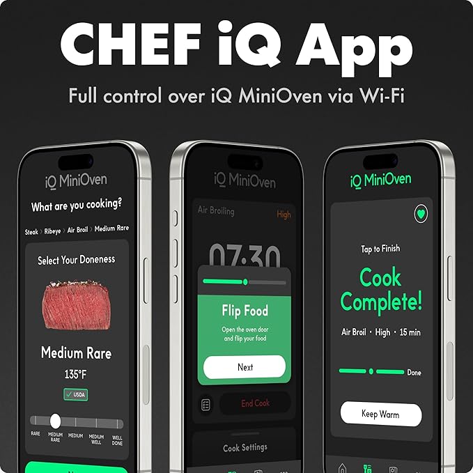 CHEF iQ MiniOven Smart Toaster Oven Air Fryer Combo 11-in-1 Countertop Convection Oven Bake Broil Air Fry Broil Dehydrate 1750W 25 Qt Capacity Fast Cooking with Touchscreen Controls – Black