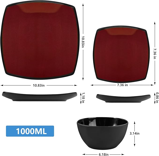 Square Melamine Dinnerware Sets 12 Piece Service for 4 Deep Red Plates and Bowls Sets for Indoor/Outdoor Grill Holiday Party Camping