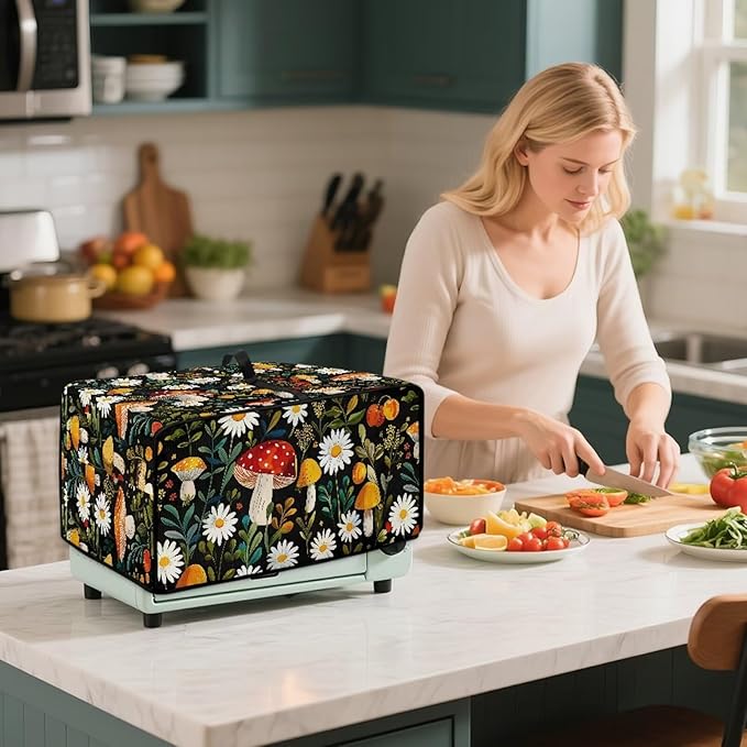 Doojoayie Small Appliance Covers 8 Slice Toaster Cover Universal Fit Kitchen Appliance Dust Protector Compatible with Toaster Oven/Bread Machine/Air Fryer Mushroom Print