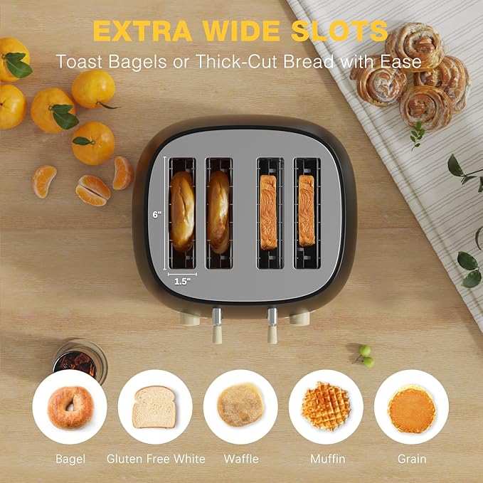 Toaster 4 SliceRetro Stainless Steel Toaster with Extra Wide Slots Dual Independent Control Panel Cancel Bagel Defrost Function Removable Crumb Tray Matt Black