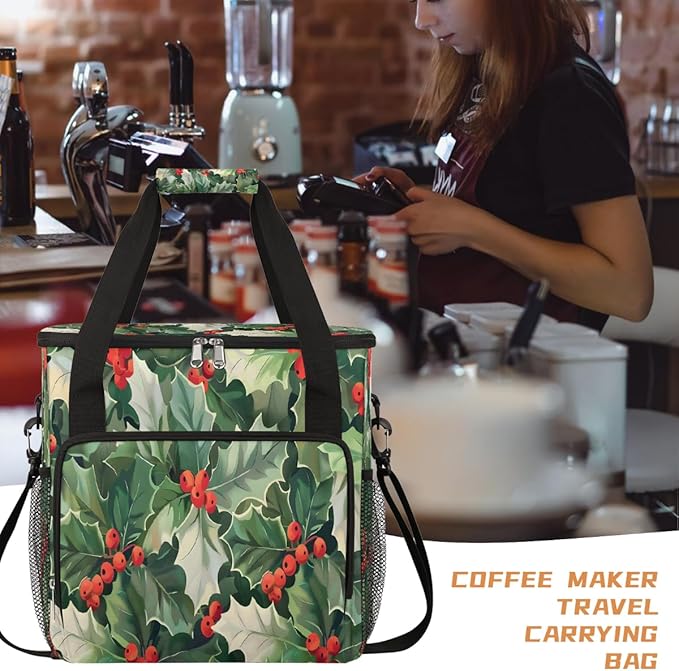 Christmas (734) Coffee Maker Carring Bag Travel Carrying Storage Tote Bag Compatible with Keurig K-Mini or K-Mini Plus Portable Single Serve Coffee Brewer Case with Pockets for K-cup Pods