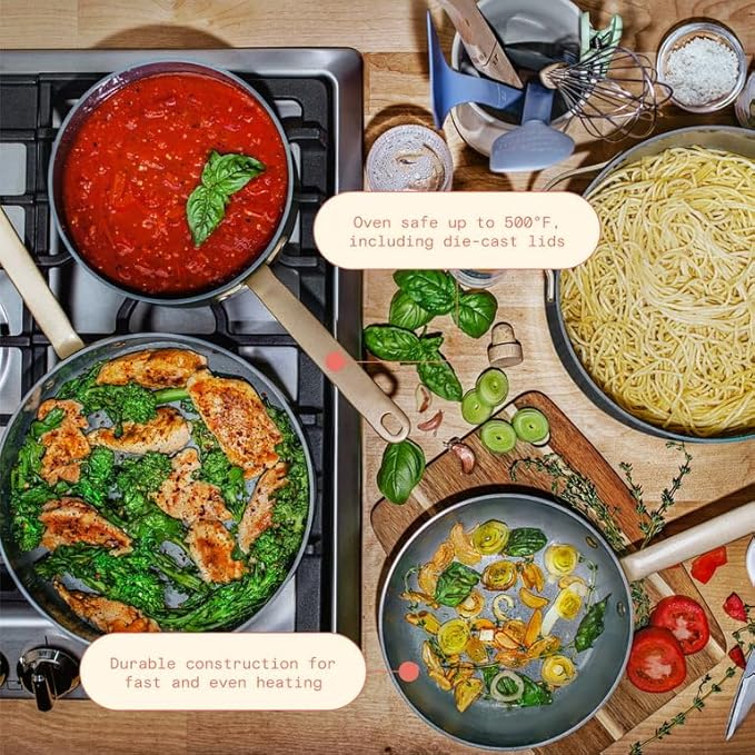Black Sesame Full 12-Piece Non-Toxic Non-Stick Ceramic Cookware Set | Oven safe up to 500°F | NOT Made With Forever Chemicals | Drew Barrymore (Black Sesame)
