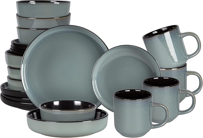 HomeVSS 20-Piece Dinnerware Set - Serves 4 Reactive Glaze Green Plates &amp Bowls Set | Microwave &amp Dishwasher Safe Dishes Set