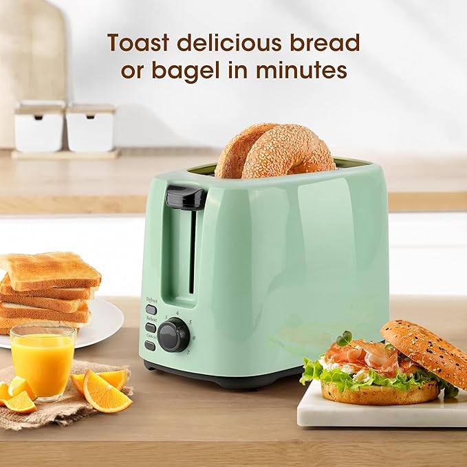 iSiLER 2 Slice Toaster 1.3 Inches Wide Slot Bagel Toaster with 7 Shade Settings and Double Side Baking Removable Crumb Tray Defrost Cancel Function Green