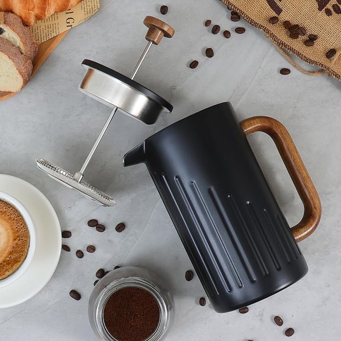 Rorence 34oz French Press Coffee Maker Coffee Press with Real Wood Handle &amp Plunger Head Double Wall Insulation &amp Dual-Filter Screen incl. replaced filters &amp instructions Black