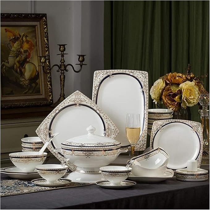 Dinner Set for Family PartyHotel RestaurantCeramics Dinnerware Set with 48-PiecesBowl/Dish/Soup Pot/Spoon|Dinner SetsNordic Style Golden Rim Porcelain Combination Set